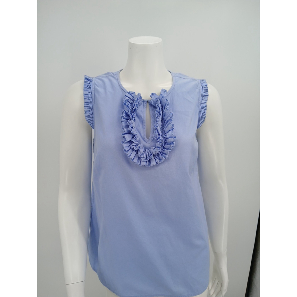 J Crew Blouse Light Blue Ruffle Front Shirt Sleeveless Cotton Top Size 8 Petite